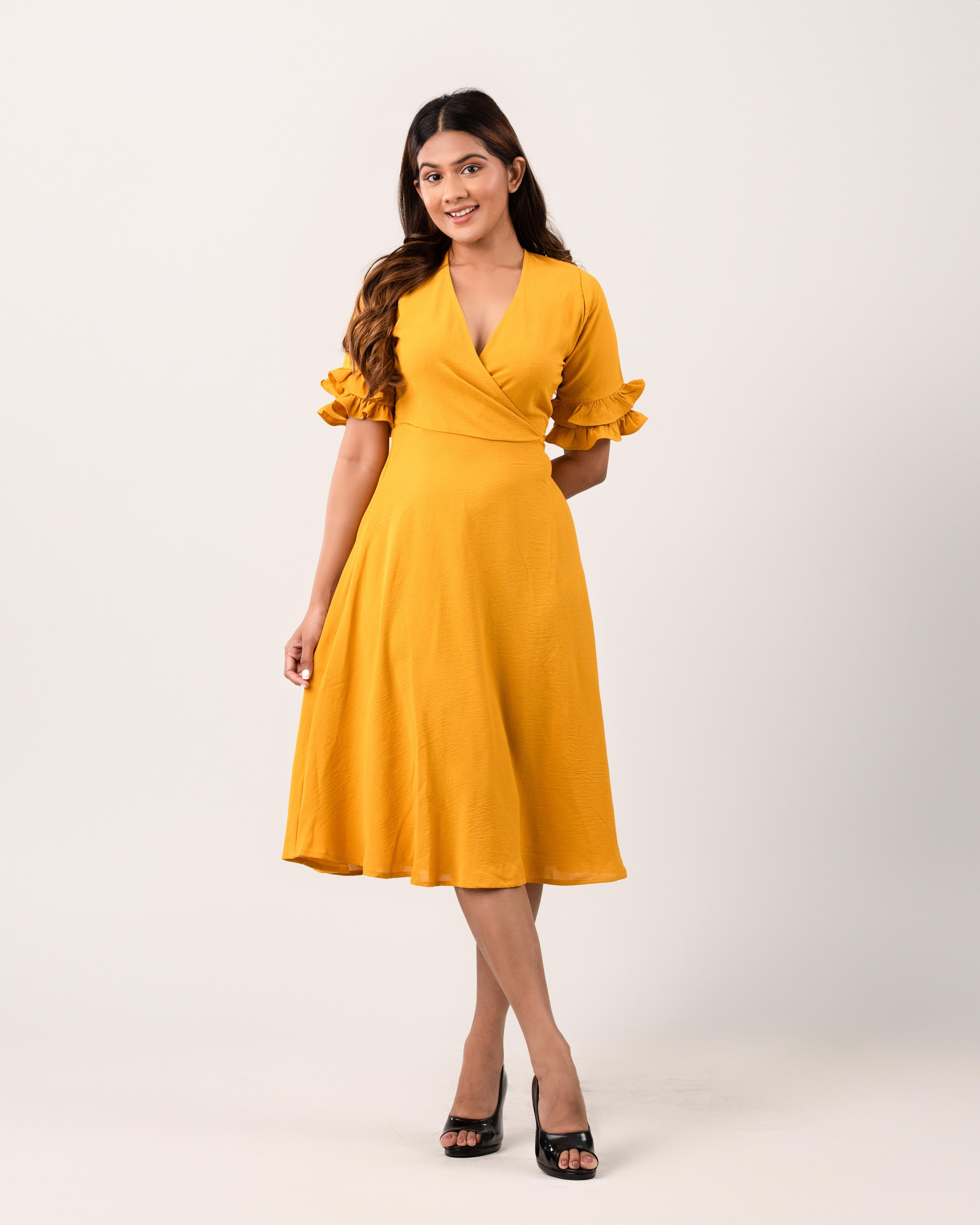 Mustered hue Sleeve frill dress